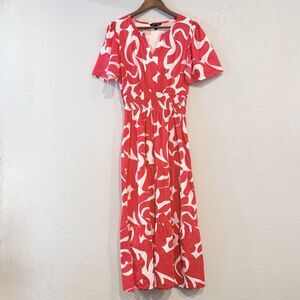 Meadow Rhodes Floral Red White Tiered Midi Dress  Smocked Waist Cotton Medium